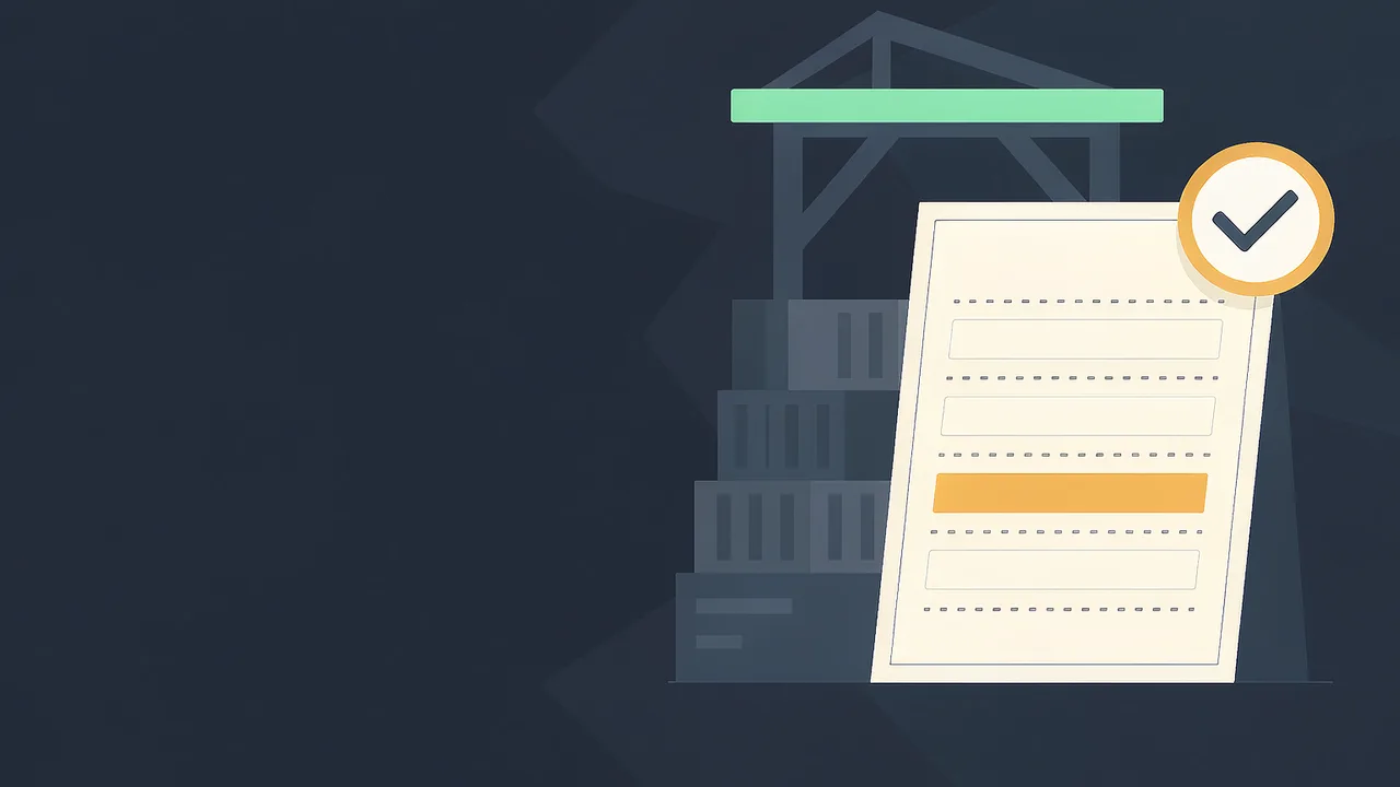 A customs entry document under a container gantry crane carries a checked amber badge.