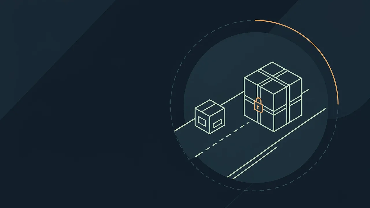 A road splits into two lanes carrying a small parcel and a padlocked crate.